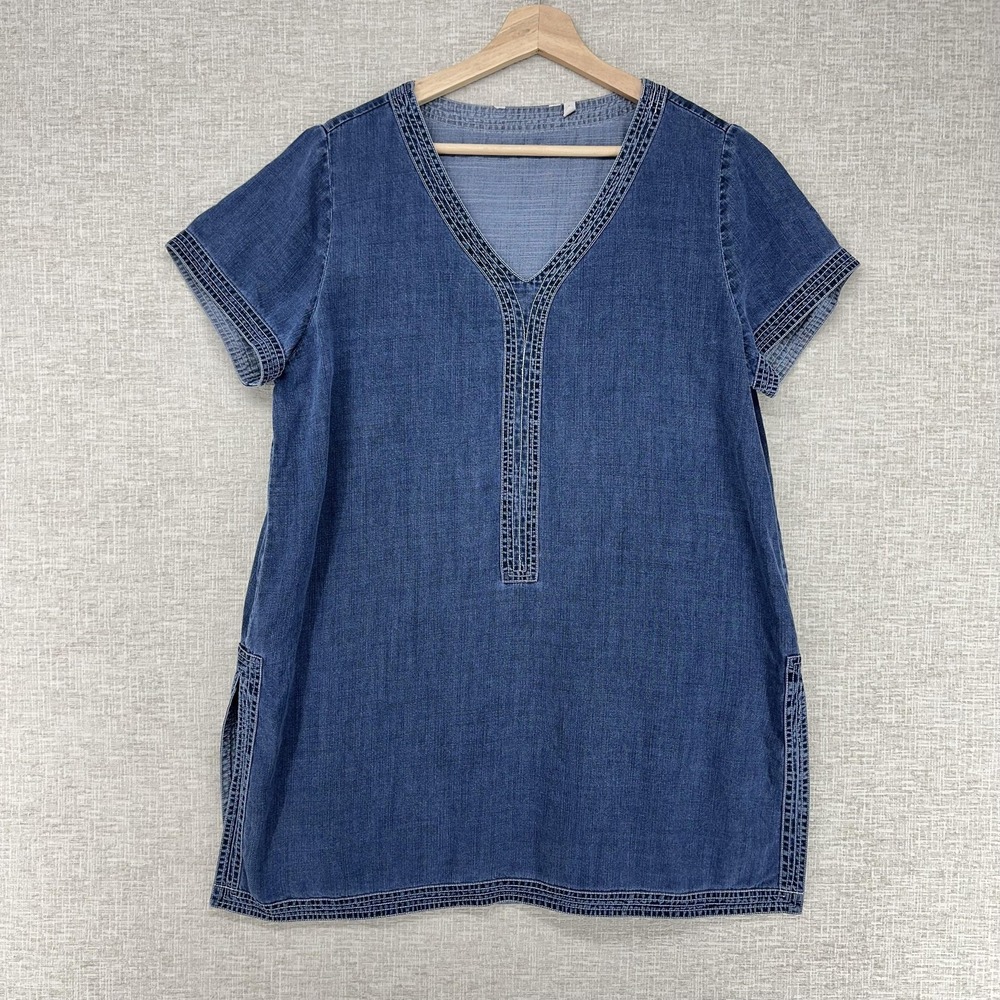Soft Surroundings Dress Womens Large Blue Denim V Neck Short Sleeve Shift Tencel